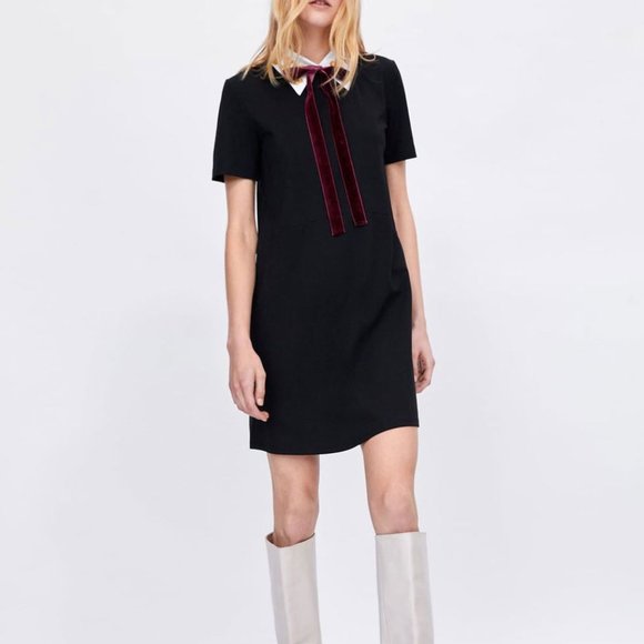 ZARA Black White Collar Pussy Bow Smock Mini Dress - Picture 4 of 14